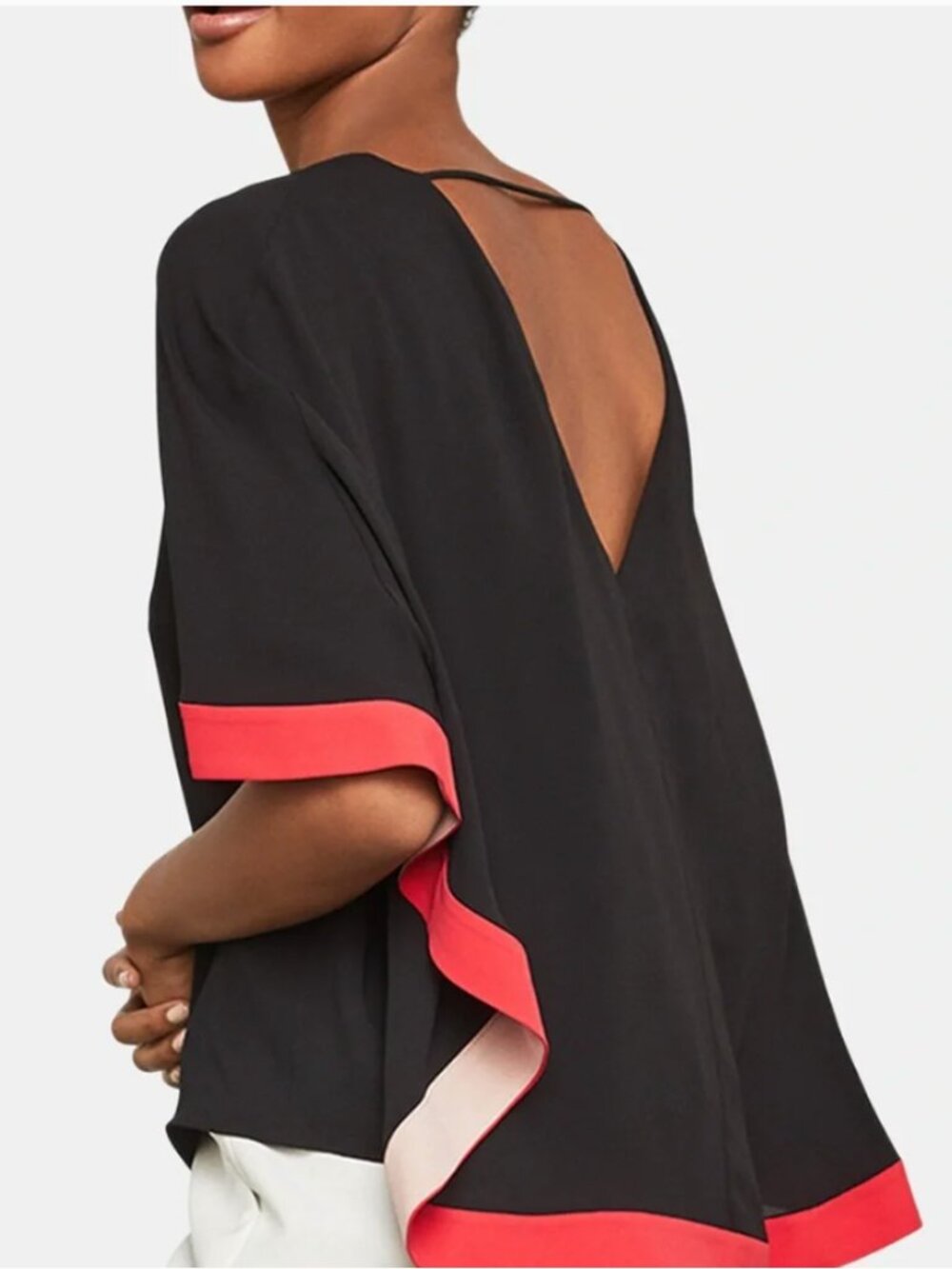 BCBGMAXAZRIA Charmaine Flutter Sleeve Cape Top Red Trim V Neck Poncho Blouse XS